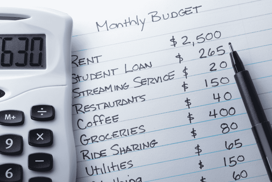 Monthly budget plan with calculator and handwritten list of expenses like rent, loans, and groceries