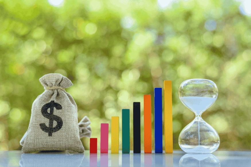 Money bag, rising colorful bar chart and hourglass symbolizing long-term savings growth over time.