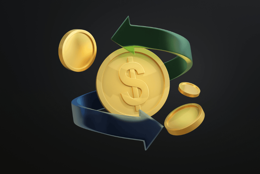 3D gold coin with dollar sign and circular arrows around it symbolizing money in and money out.