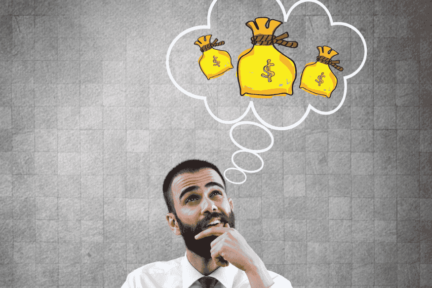 Man thinking about money bags symbolizing planning for variable and irregular income