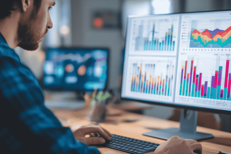 Man analyzing colorful KPI charts on a large monitor to measure personal finance performance