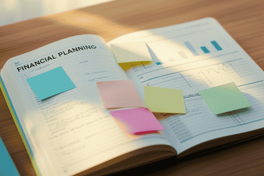 Open financial planning notebook with colorful sticky notes marking steps and goals